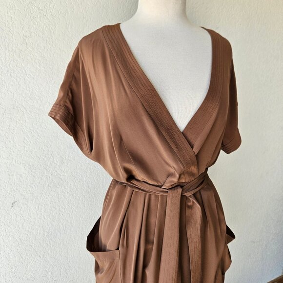 Maeve Anthropologie 100% Silk Warm Brown Faux Mock Wrap Dress Size 14 - Picture 5 of 11
